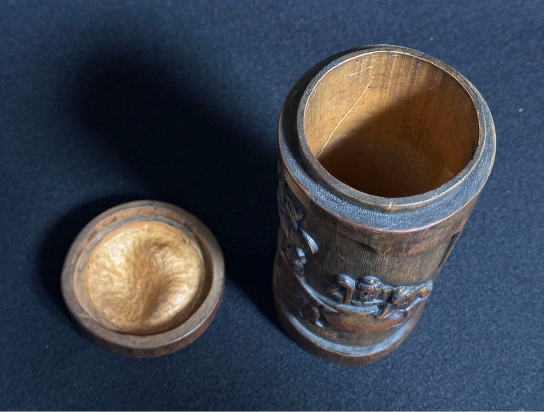 中国美術 竹製 松下三老人彫　蓋付き　古筆筒　 文房具　唐物　 古美術