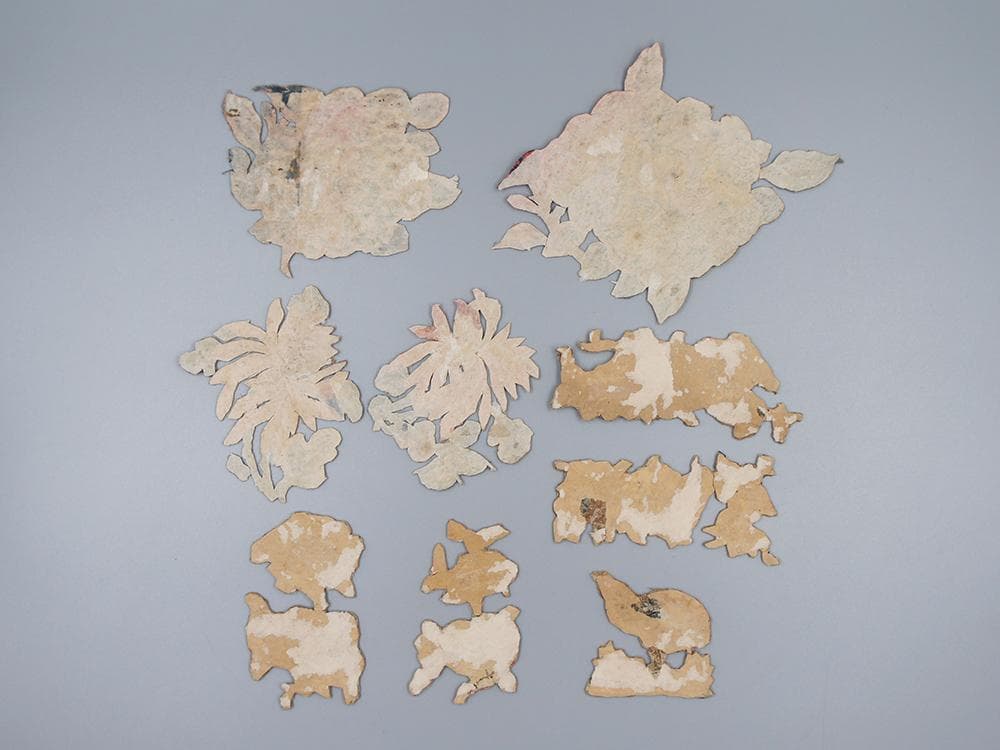 【繍】　★ 織繍 老繍吉祥紋繍片 9個 ★　清朝期　花卉蝙蝠 刺繍文様　明清繍品