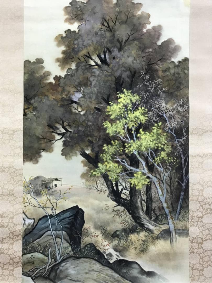 真作/菅坪/残照/山水人物図/山水図/掛軸/名家伝来/AD-949