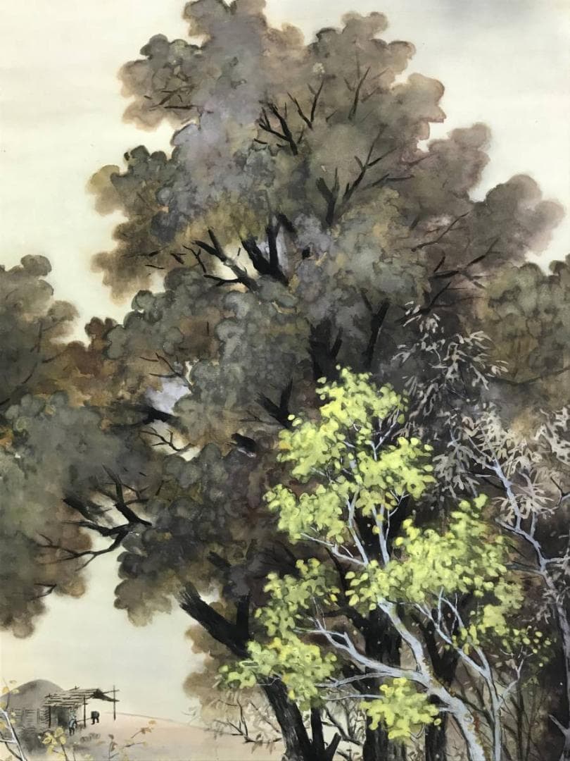 真作/菅坪/残照/山水人物図/山水図/掛軸/名家伝来/AD-949