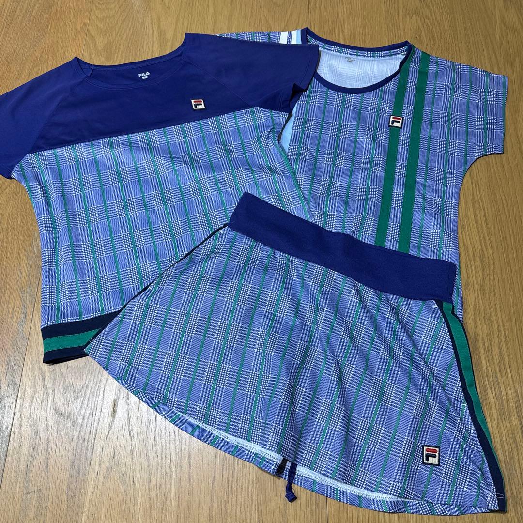 FILA テニスウェア3点セット 青緑チェック　Lサイズ