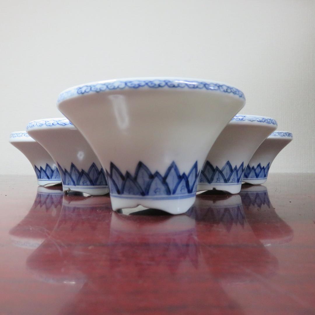 向付 5客 朝顔型 染付 明治 銘 竜 龍 ドラゴン 美品