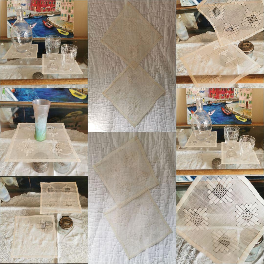 アンティーク オーガンジー 透かしドローンワークレース刺繍 スクエアドイリー難有