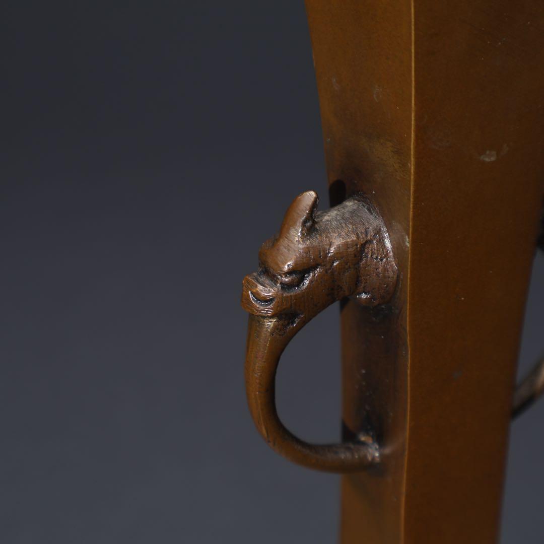 唐銅　四方形耳付き花入　花生け　桐箱　R1517ダN2