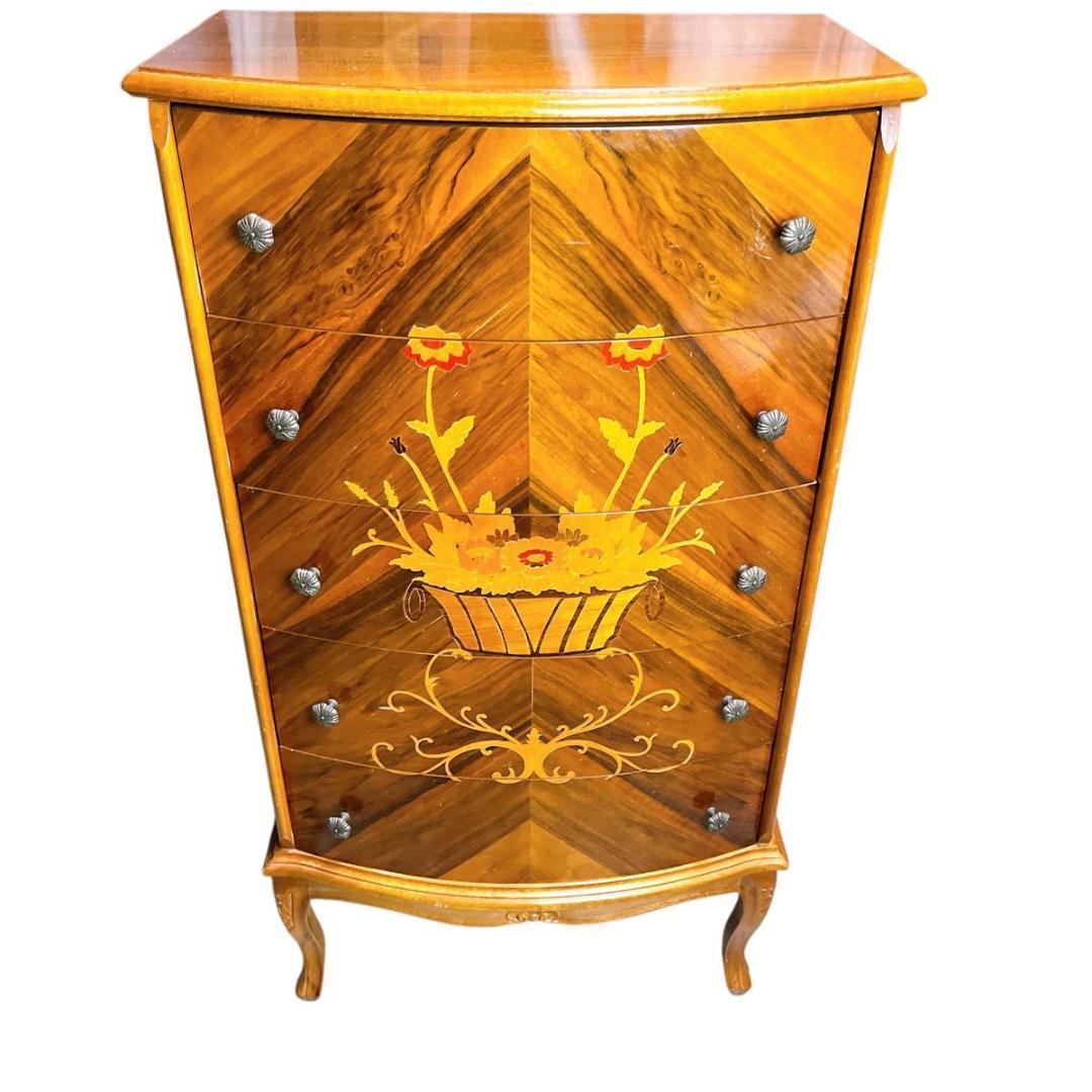 【★希少★】おしゃれ　イタリア製　象嵌　5段　チェスト　猫脚　アンティーク　家具