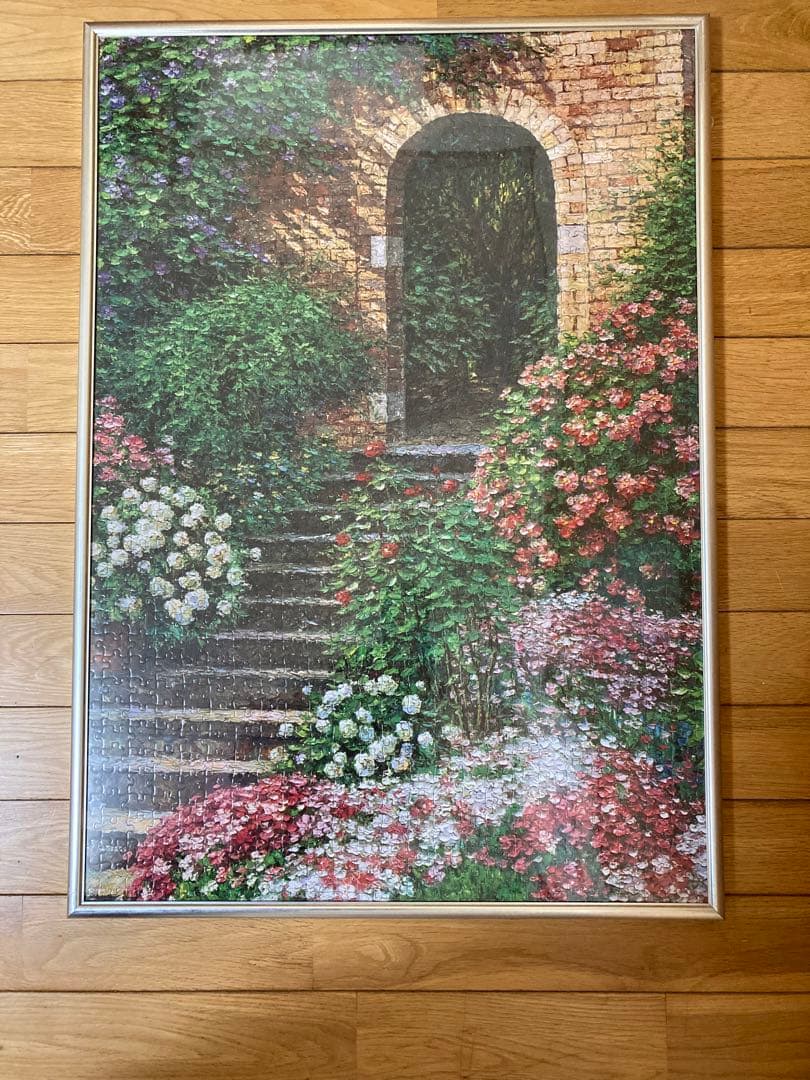 千P③花ガーデン階段口ジグソーパズル　アルミ額50×74㎝完成　油絵作名　極美品