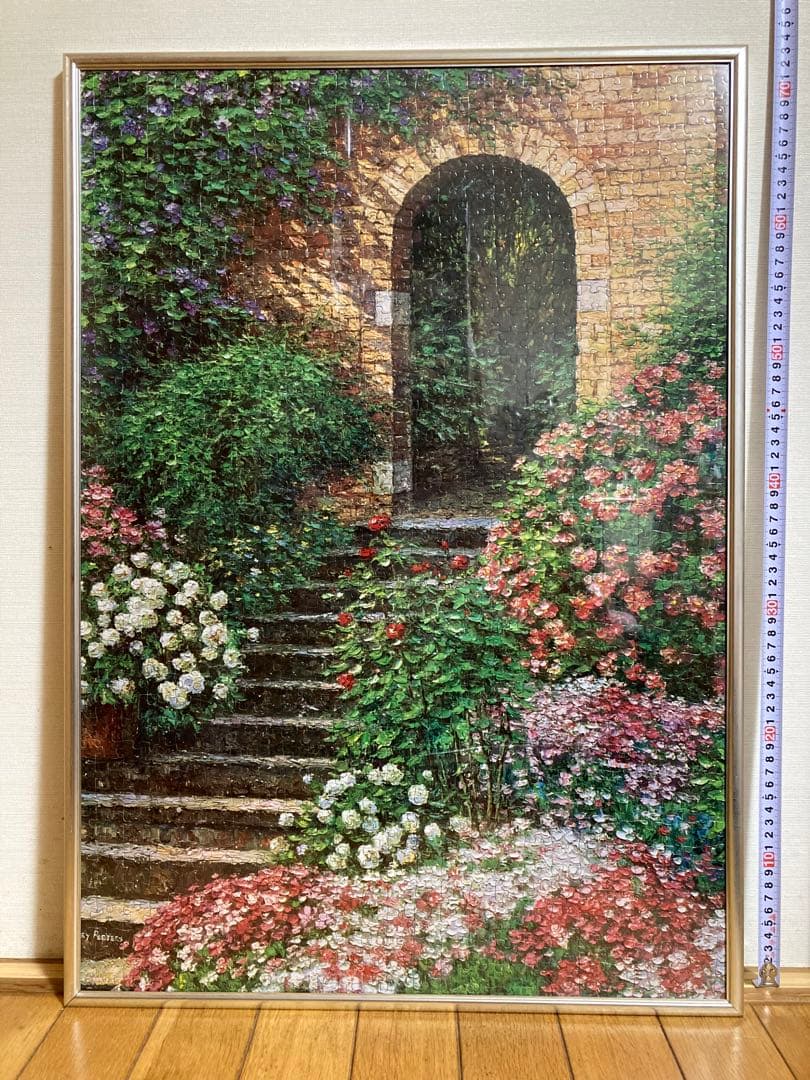 千P③花ガーデン階段口ジグソーパズル　アルミ額50×74㎝完成　油絵作名　極美品