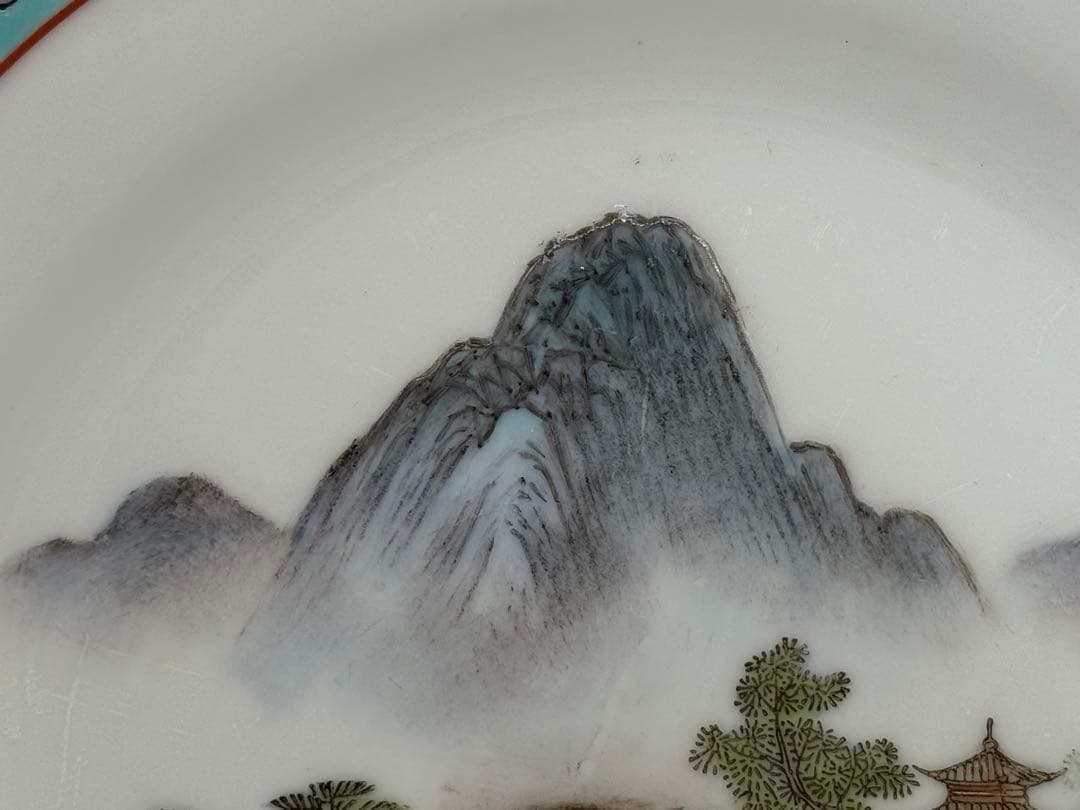 中国　1950ー1960年代　景徳鎮製　粉彩山水紋大皿小皿5点まとめ260104