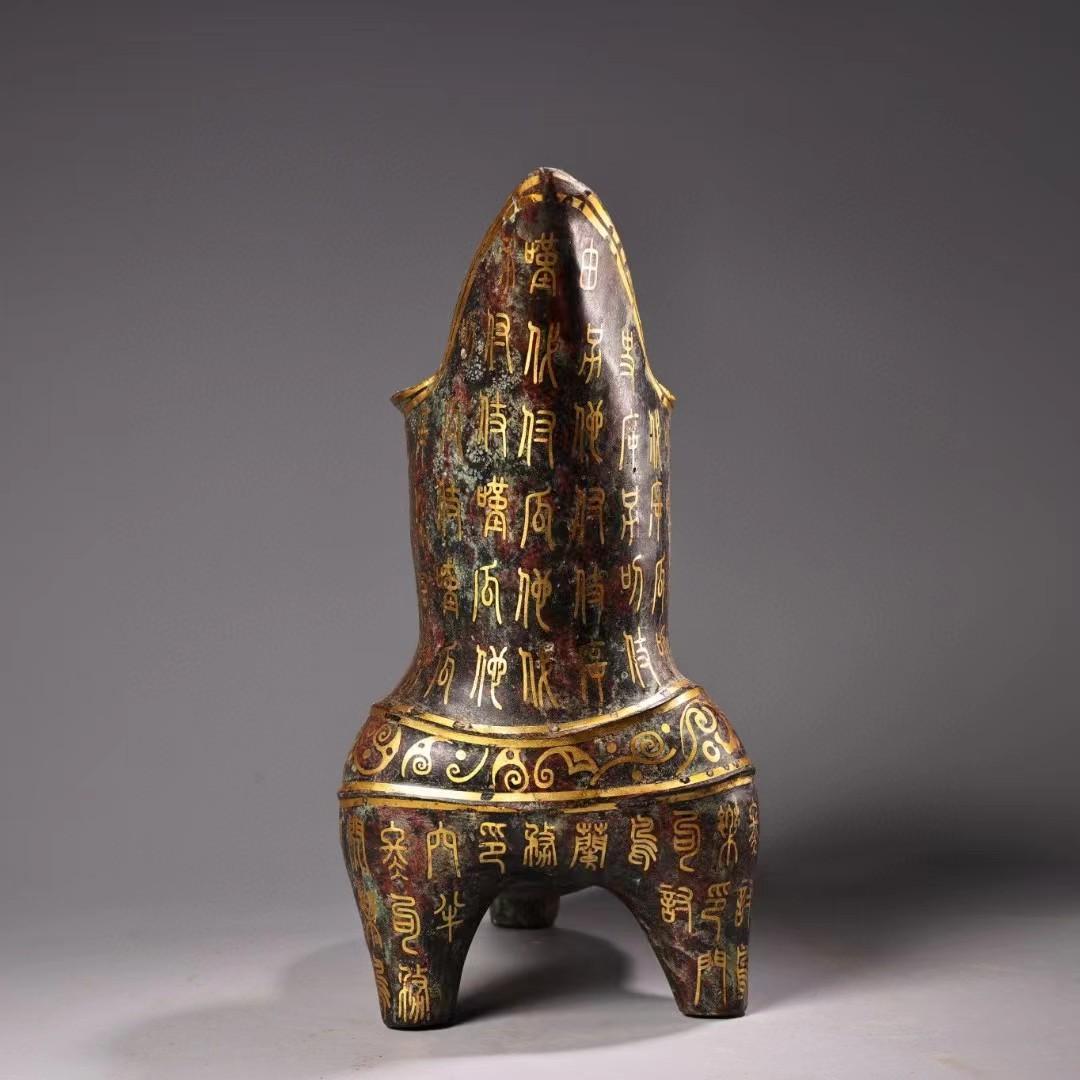 中国古美術・旧蔵青銅製鍍金三足の盛酒器・青銅製・純手作り・置物・茶道具・酒具