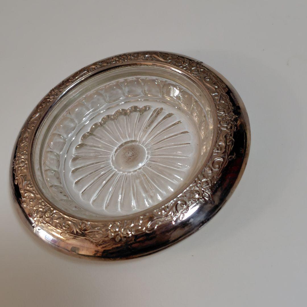 純銀製　皿　昭和レトロ　銘々皿 小皿 受皿 小物入れ　純銀×ガラス製　120g