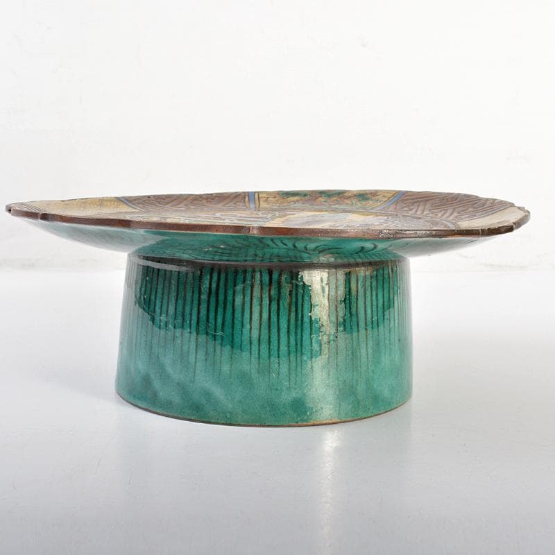 九谷焼　古九谷　青手九谷　松竹梅鶴亀文　高足鉢　角福銘　時代箱付　F　R6667