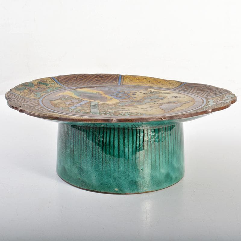 九谷焼　古九谷　青手九谷　松竹梅鶴亀文　高足鉢　角福銘　時代箱付　F　R6667