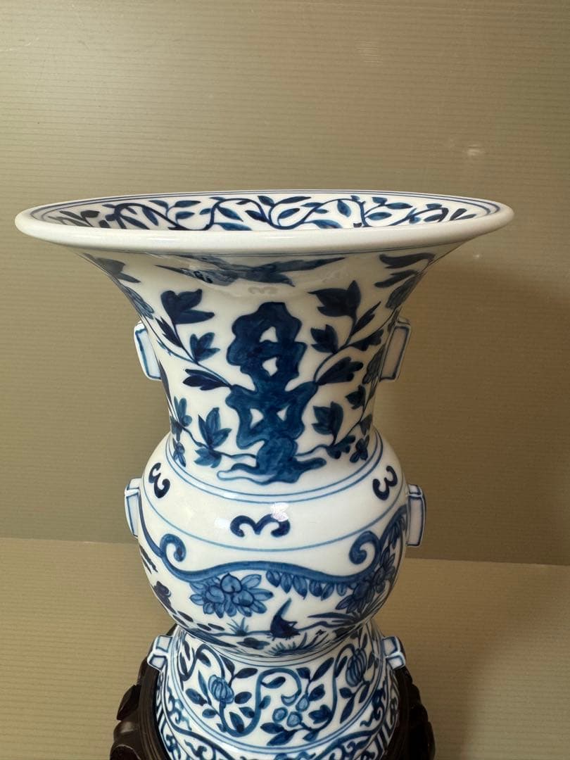 2903 中国骨董　大明萬暦年製銘　染付唐草青花　花瓶　花台付　時代物