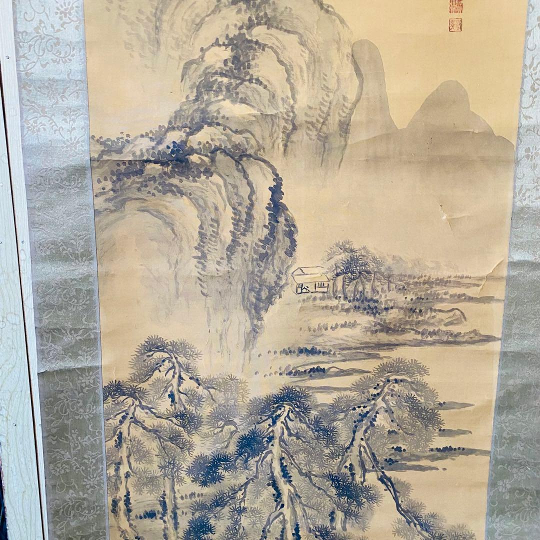 春翠筆　墨山水図　掛軸　絹本