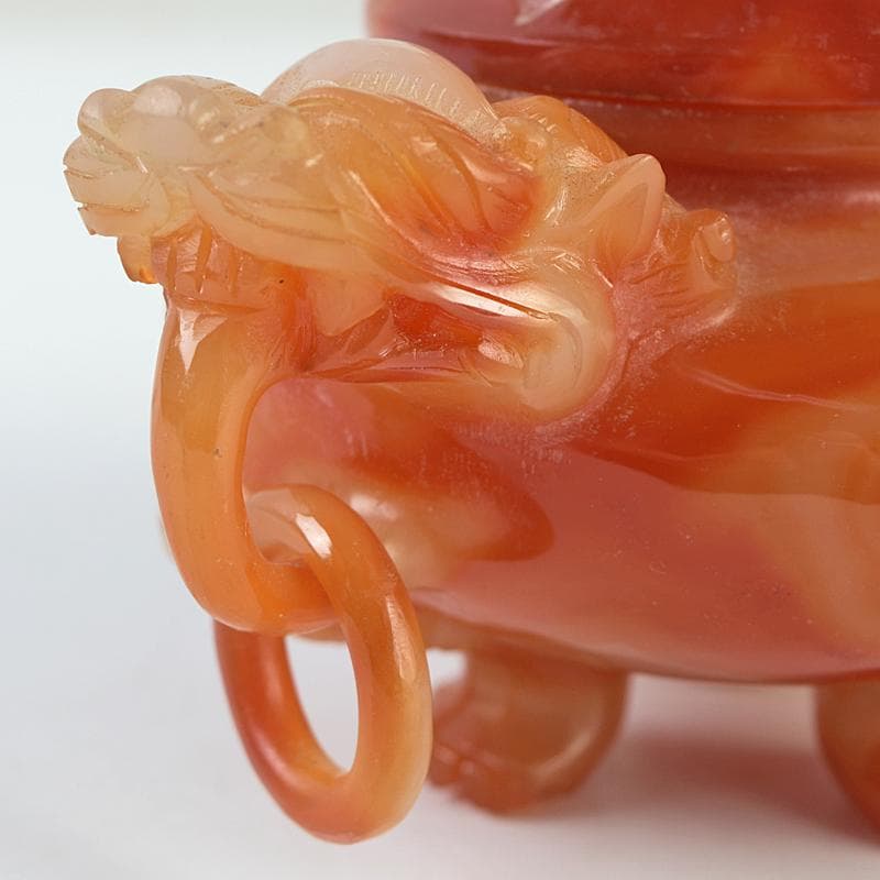 中国　赤瑪瑙彫刻　雙耳活環　獅子鈕蓋爐　香炉　D　R9079