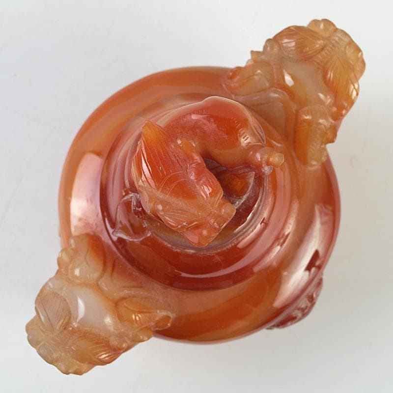 中国　赤瑪瑙彫刻　雙耳活環　獅子鈕蓋爐　香炉　D　R9079