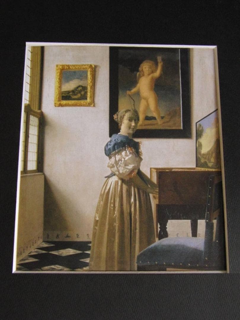 ヨハネス・フェルメール、「ヴァージナルの前に立つ女」、希少な画集の額装画