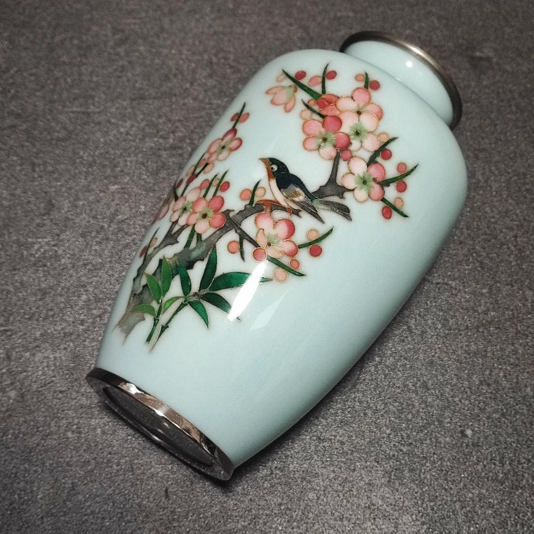 時代 戦前七宝 七宝焼 竹梅鶯図花瓶 花入 花生 花器 金属工芸 美品
