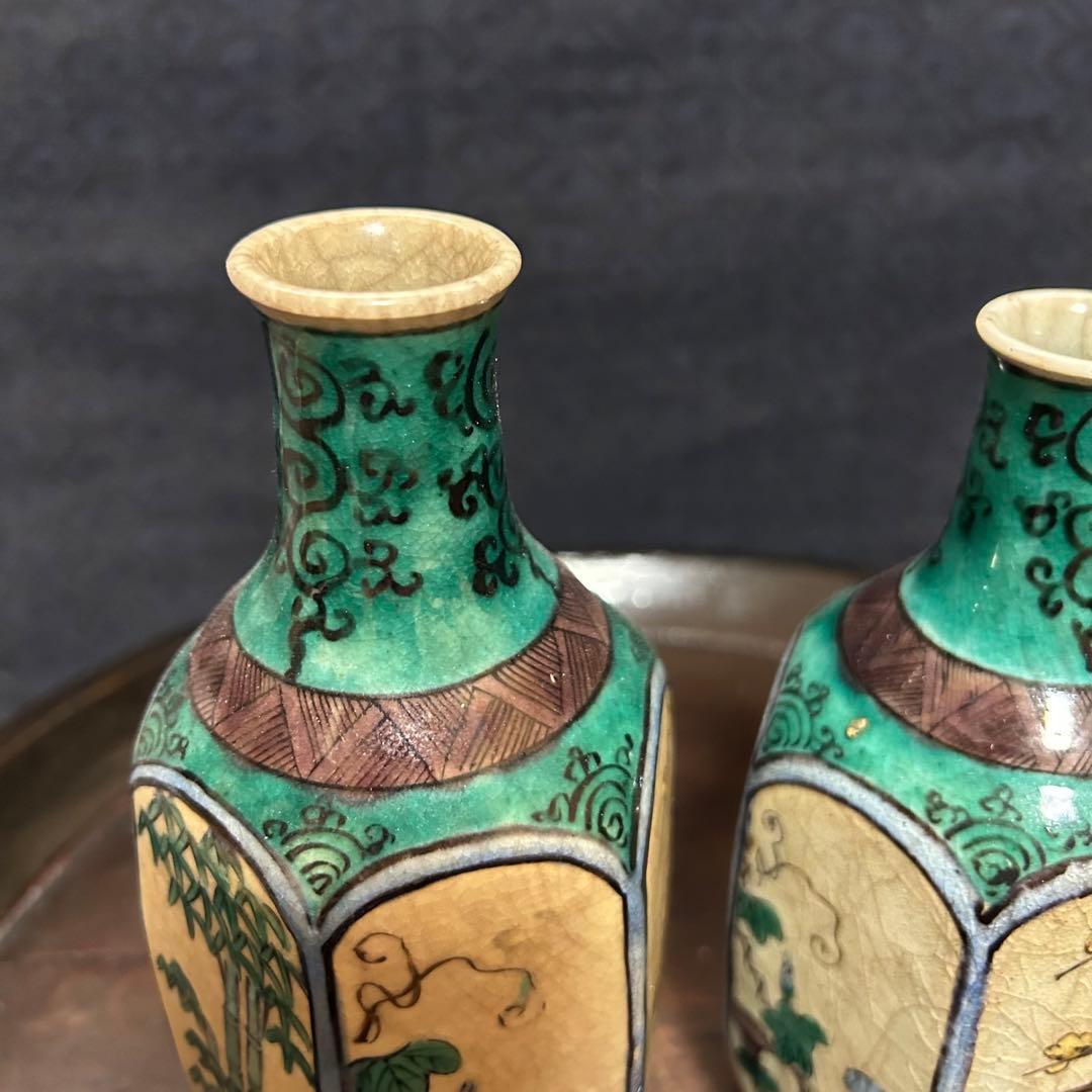 群馬県からの蔵出品　江戸〜明治期頃　青手面取窓絵九谷徳利　一対　無傷　本物保証