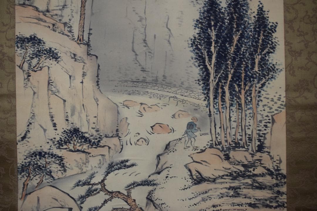 【真作】大西太白/山水人物画賛/備中豪渓之図/掛軸☆宝船☆Z-100