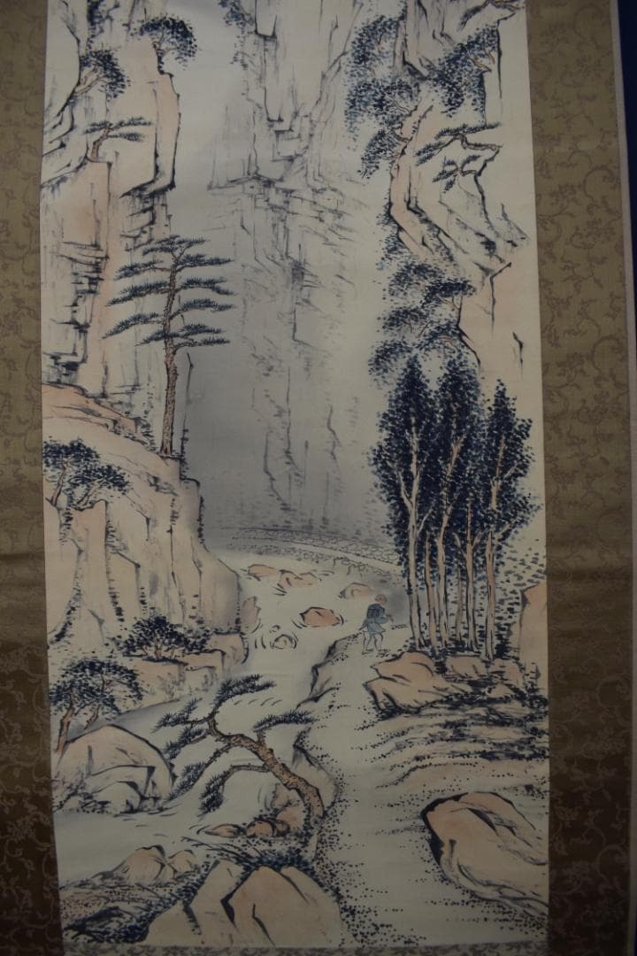 【真作】大西太白/山水人物画賛/備中豪渓之図/掛軸☆宝船☆Z-100