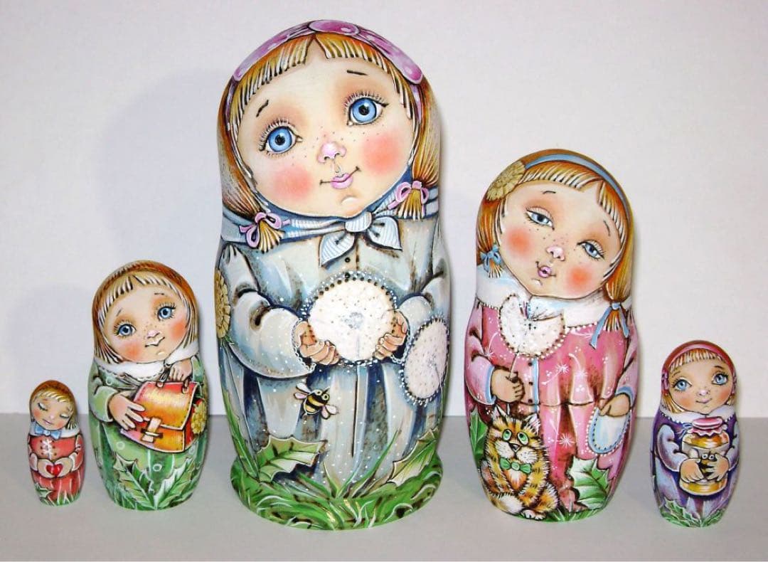 ロシア雑貨☆『タンポポ』ウッドバーニング マトリョーシカ(5P)ミラ作