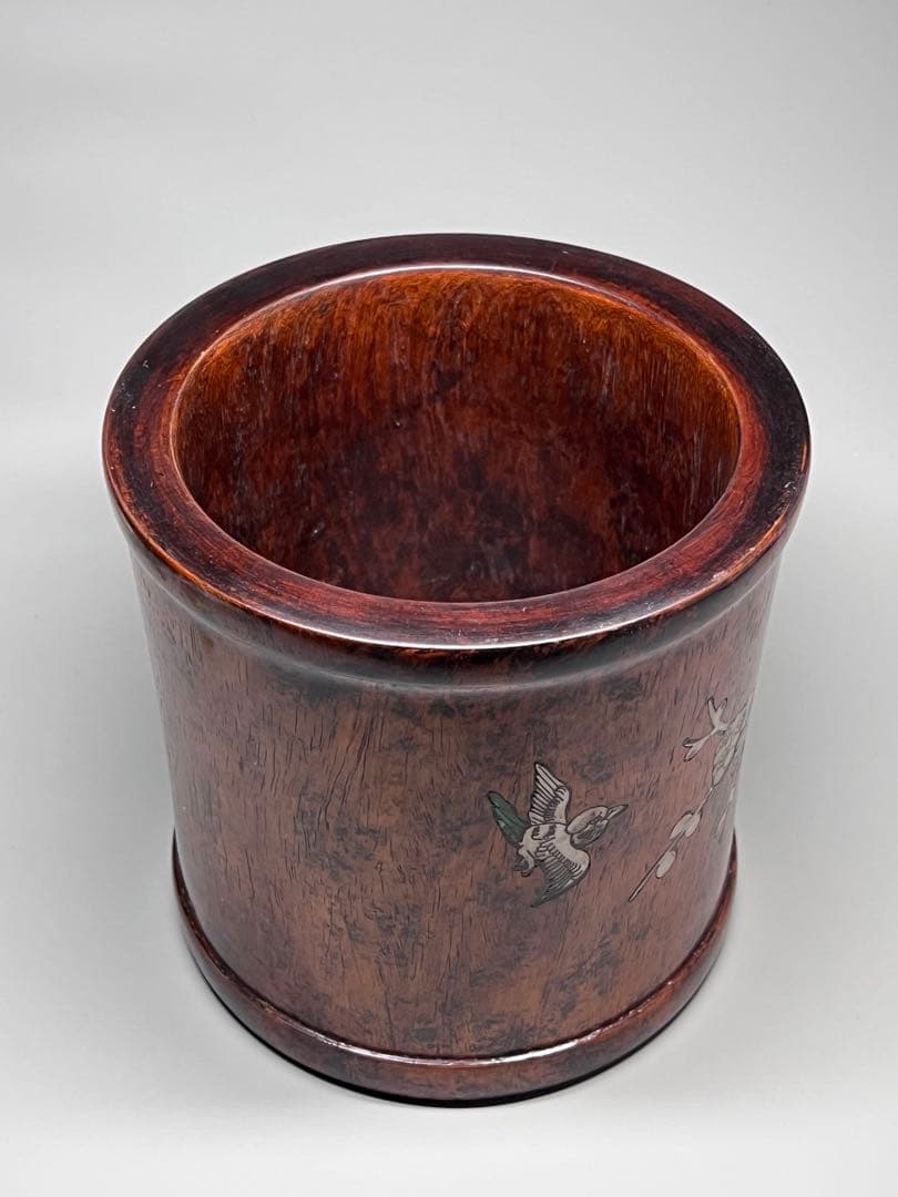 古美術　唐木　黄花梨　筆筒　筆立　螺鈿花紋　文房具　木製　置物　時代物　旧蔵