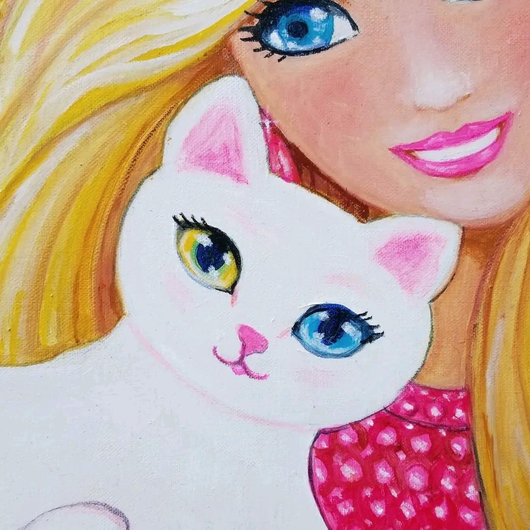 油絵　マミ　白猫とバービーちゃんのような私とプルメリア
