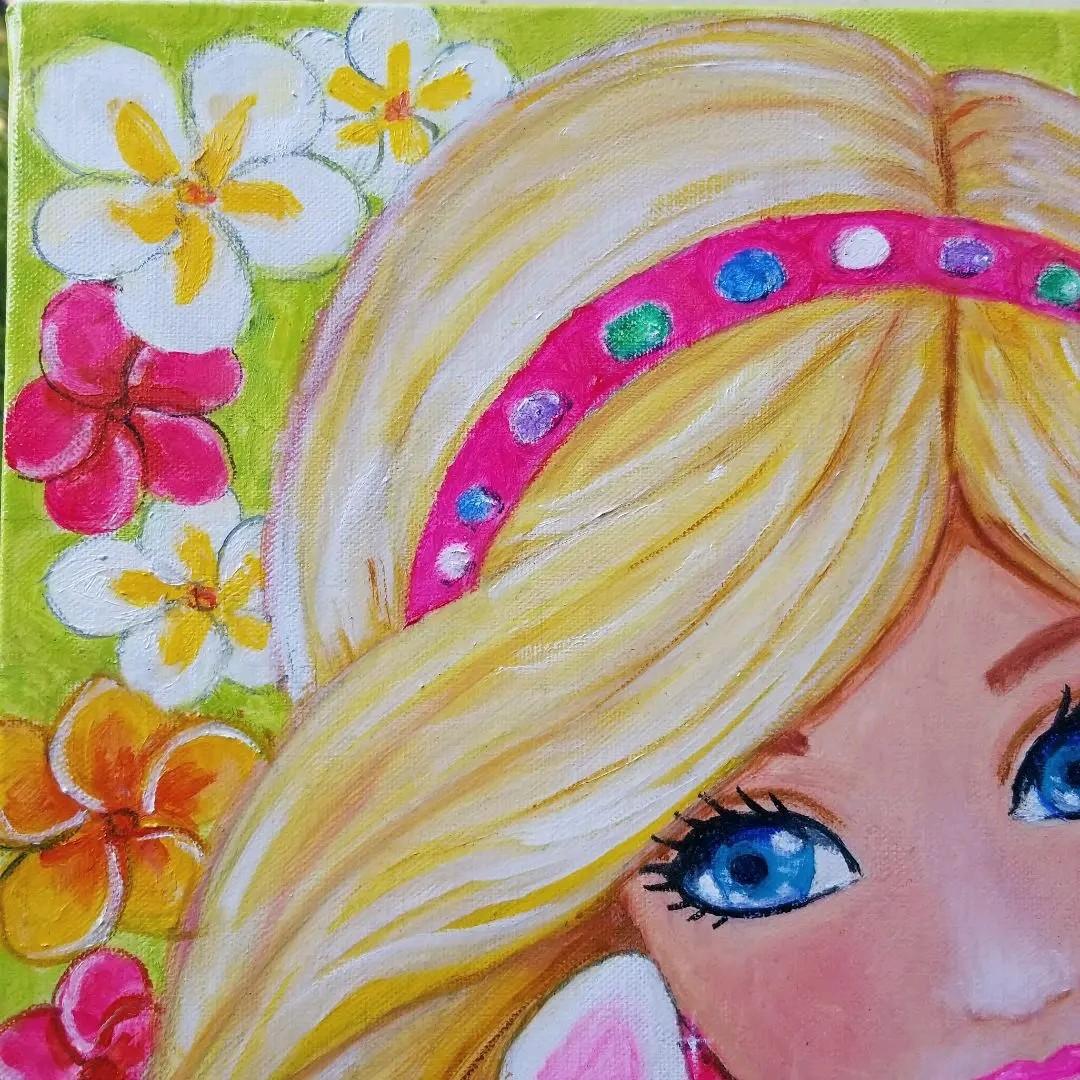 油絵　マミ　白猫とバービーちゃんのような私とプルメリア