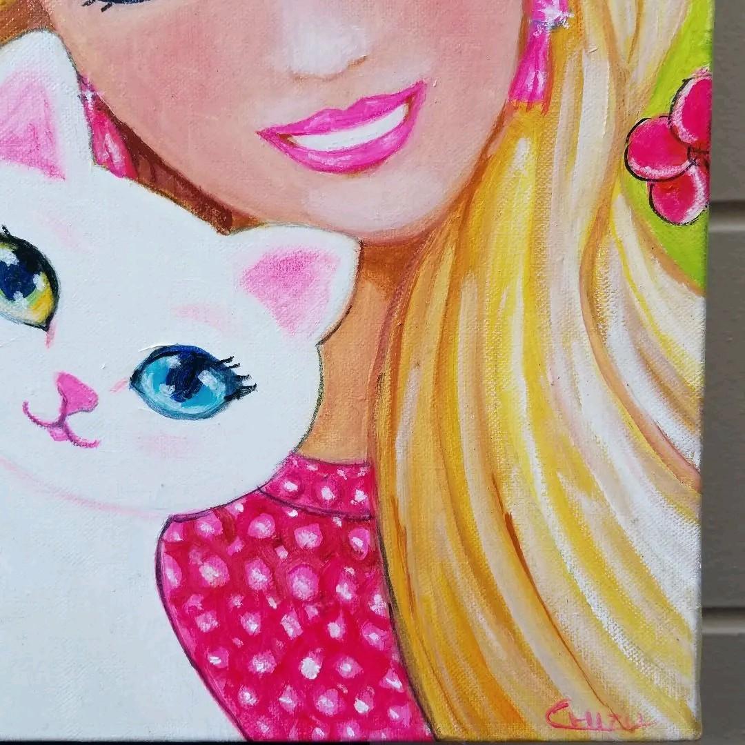 油絵　マミ　白猫とバービーちゃんのような私とプルメリア