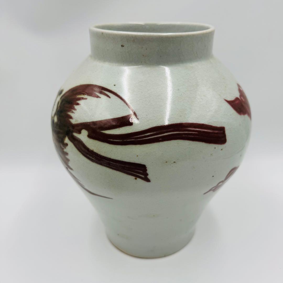 【安東五　李朝白磁辰砂花瓶　壺　鳳凰に雲　共箱】骨董　韓国美術