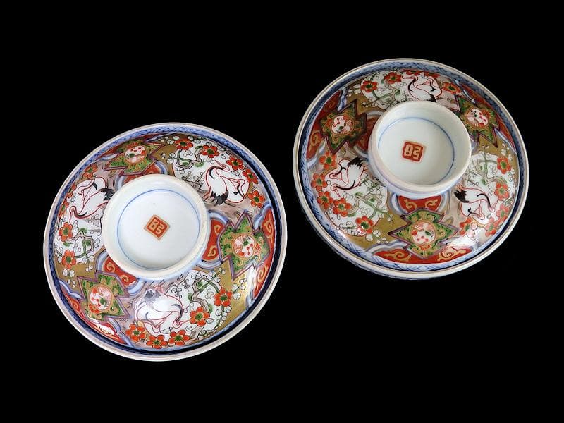 古伊万里　金襴手　双鶴に梅花の図　大振蓋茶碗　2客　D747AS-CHr