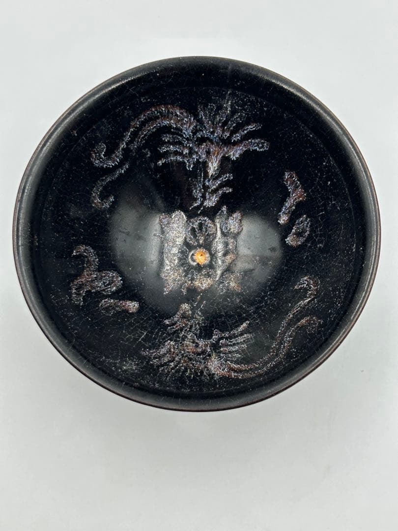 ★0008宋時代 吉洲窯 黑釉白彩双鳳天目茶碗★茶道具 茶器 唐物天目