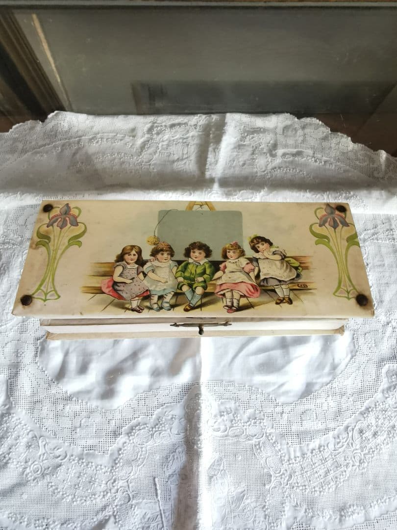 アンティークフランス インクペンケース 水色布張り少女イラスト パピエボックス