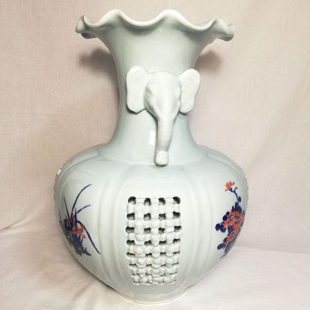 趙京 網目透かし象耳大花瓶 花器 高麗青磁 青白磁 フラワーベース 花入 置物