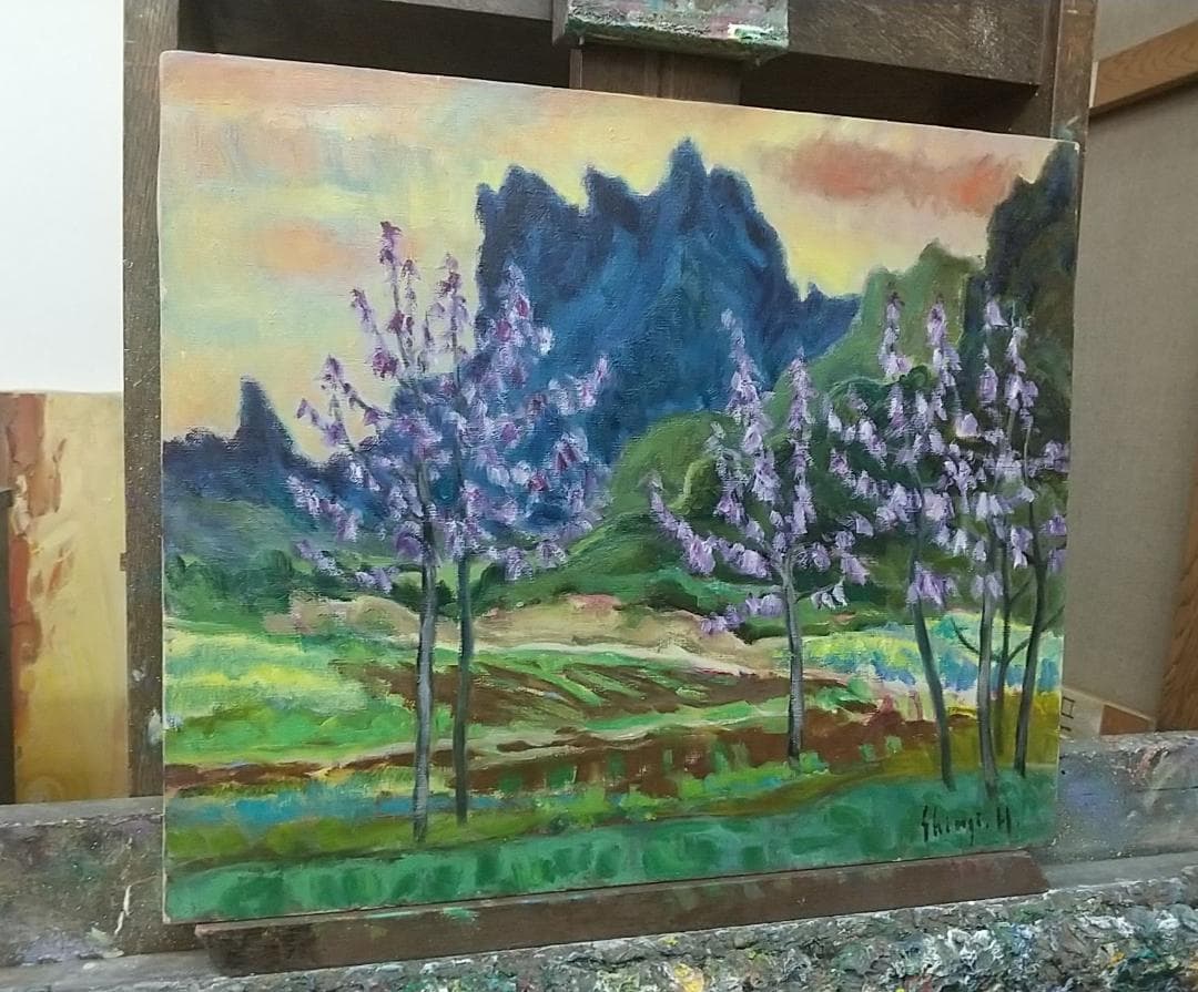 油絵「桐の花咲く妙義」B F8 絵画 油彩画 風景画 アート