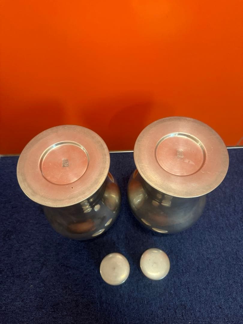 1644 純錫製 岡本謹製　古錫瓶子一対　酒器　32cm 時代物