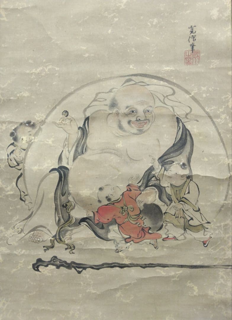 狩野融川【寛信】紙本　三幅 掛軸（江戸　鶴　布袋　唐子　古画）