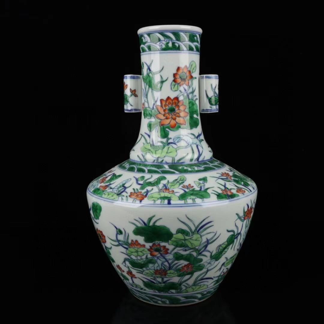 中国古美術✦清乾隆紋・青花斗彩・荷花紋・貫耳瓶セット✦花瓶・文房具・陶芸・観賞瓶