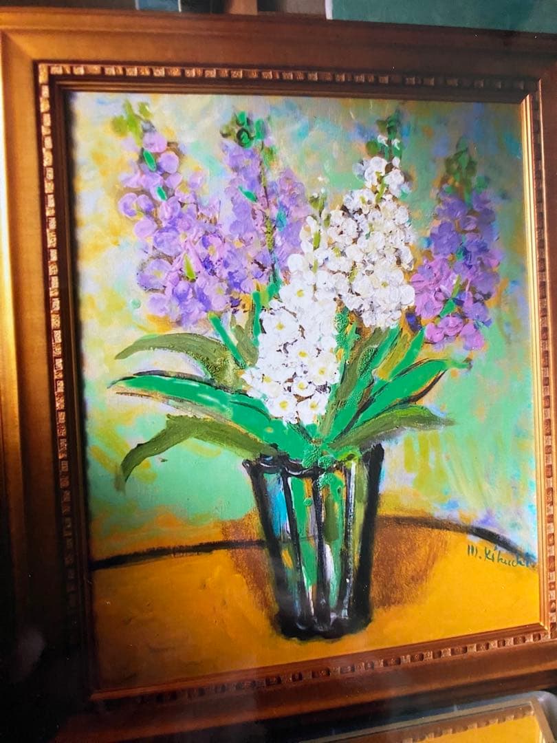 絵画　油絵　油彩画　「ストック」F12 菊地正則　美品　額付き　装飾品　送料無料