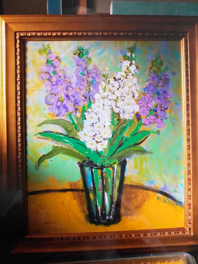 絵画　油絵　油彩画　「ストック」F12 菊地正則　美品　額付き　装飾品　送料無料