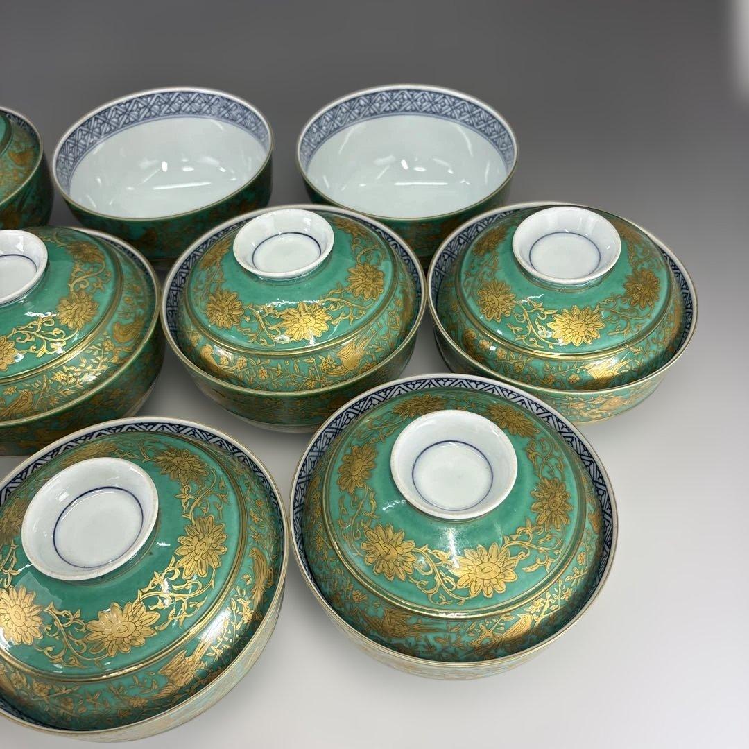 【茶道具】青地金襴手唐草蓋物十客（二個蓋無し）