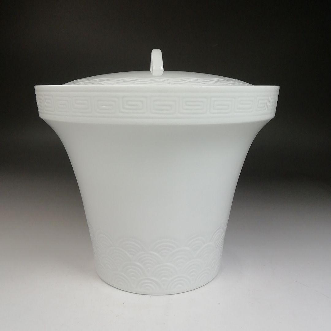 Ｗ６４　水指　『白磁　青海波』『末広水指』『横石喜助 造』　共箱　茶道具