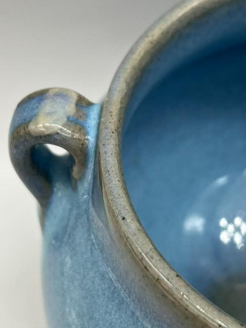 明时代 鈞窯　青磁 澱青月白釉紫斑 双糸耳香炉 水丞 香炉　茶道具(A-91)