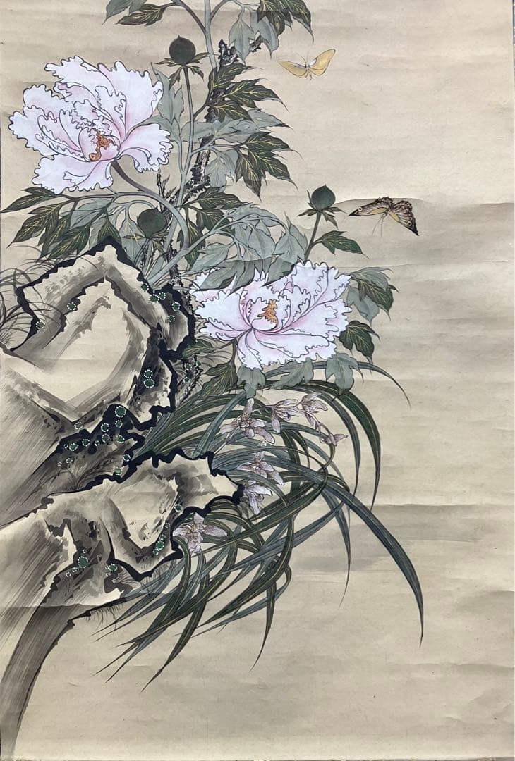 狩野芳崖【蝶・牡丹】紙本　掛軸　二重箱（河鍋暁斎・菊池容斎／狩野派）