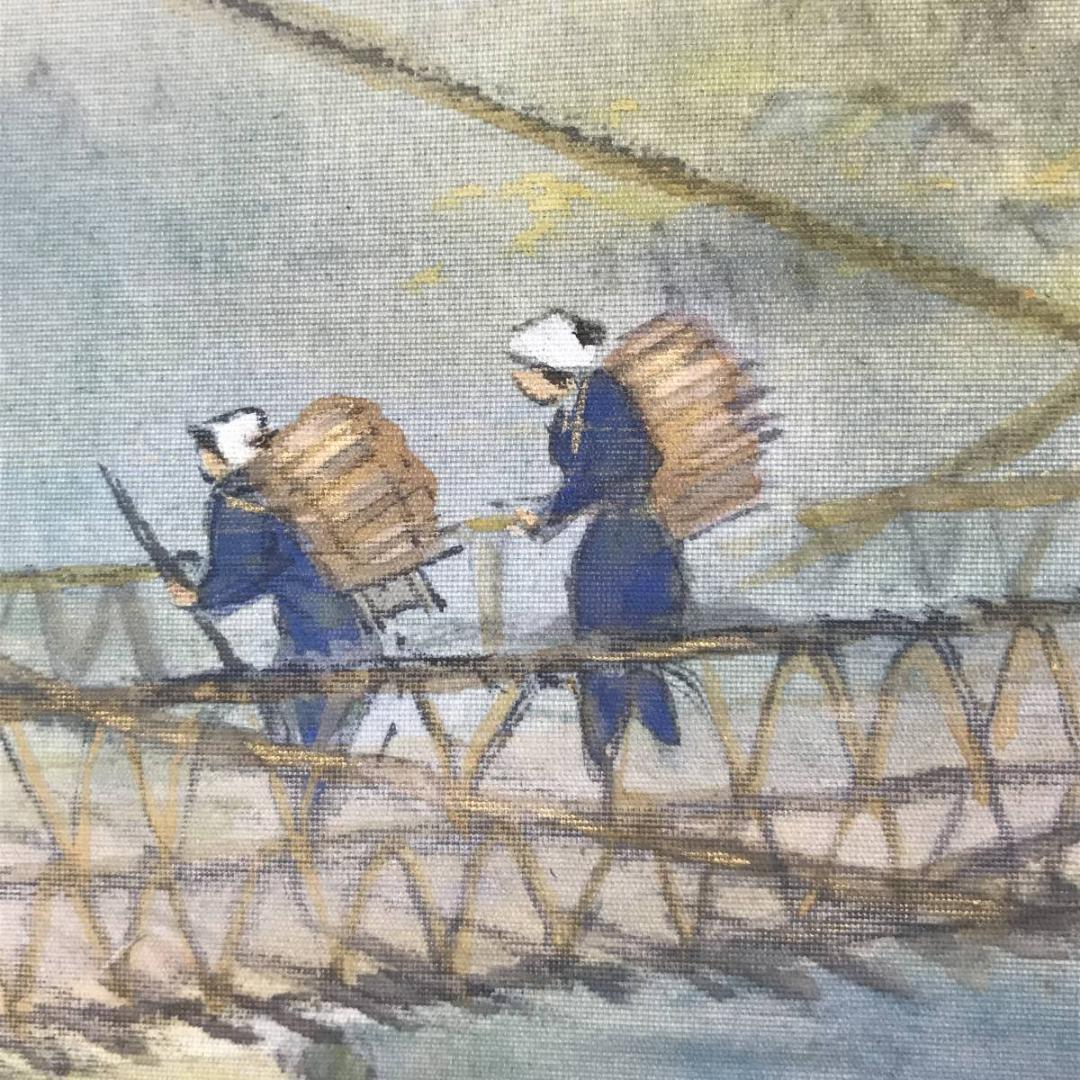 【真作】堀江春斎/山峡帰樵/山水人物図/吊橋図/掛軸☆宝船☆AD-500