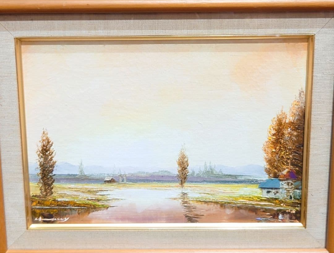 【梶木稔】 作家物 サイン 日高牧場 絵画 風景画 油彩 肉筆 油絵 額縁