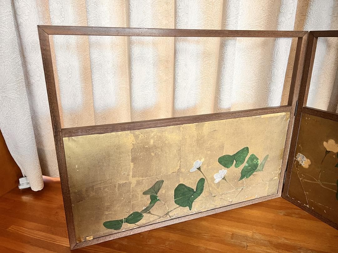 風炉先屏風　金屏風　上田公長　銘あり　明治時代　朝顔図 直しあり