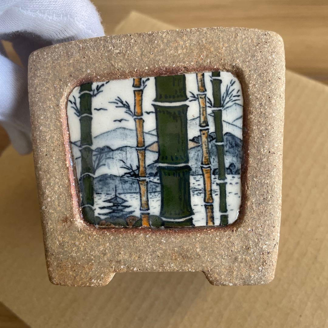 盆栽鉢　桑津香石　絵鉢　落款印　山水画　梅　桜　鳥　松　四角　山野草