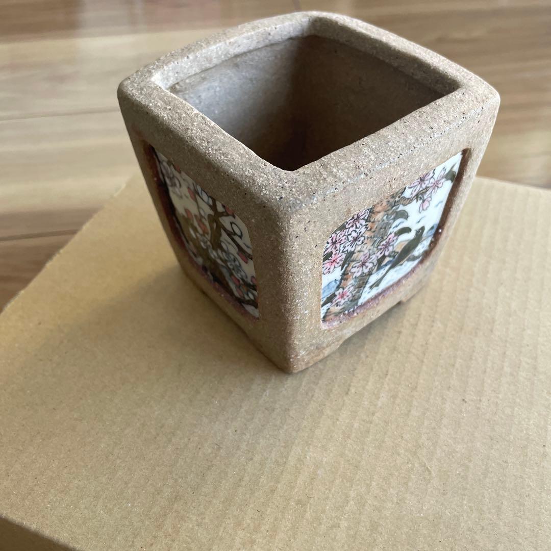 盆栽鉢　桑津香石　絵鉢　落款印　山水画　梅　桜　鳥　松　四角　山野草